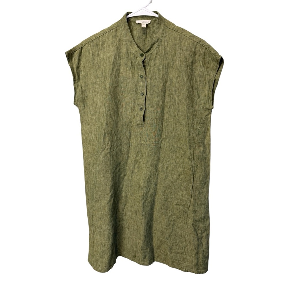 Eileen Fisher Olive Green Linen Shift Dress - Picture 2 of 7